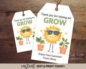 Editable Teacher Appreciation Gift Tags, Thank You for Helping me Grow Succulent Cactus Plant Teacher Favor Tag Printable, Digital Template