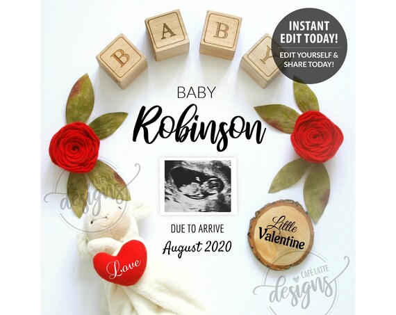 VALENTINE Pregnancy Announcement Editable, Baby Announcement Edit Yourself February, Digital Instant Download Reveal Social Media, DIY Baby Il_570xn