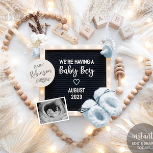 Revelación de género de niño boho digital, anuncio de embarazo azul de bebé niño en las redes sociales, tablero de cartas de plantilla de bricolaje editable, cuentas de madera de corazón