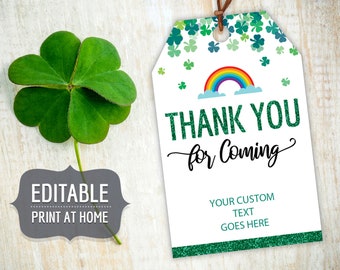 St. Patricks Day Thank You for Coming Printable Gift Tags, Editable Personalized Favor Tags Template with Rainbow Shamrocks Instant Download