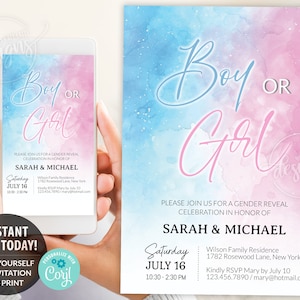 Modèle modifiable d'invitation de révélation de sexe garçon ou fille, invitation de révélation de genre aquarelle rose et bleu imprimable, fête d'invitation électronique