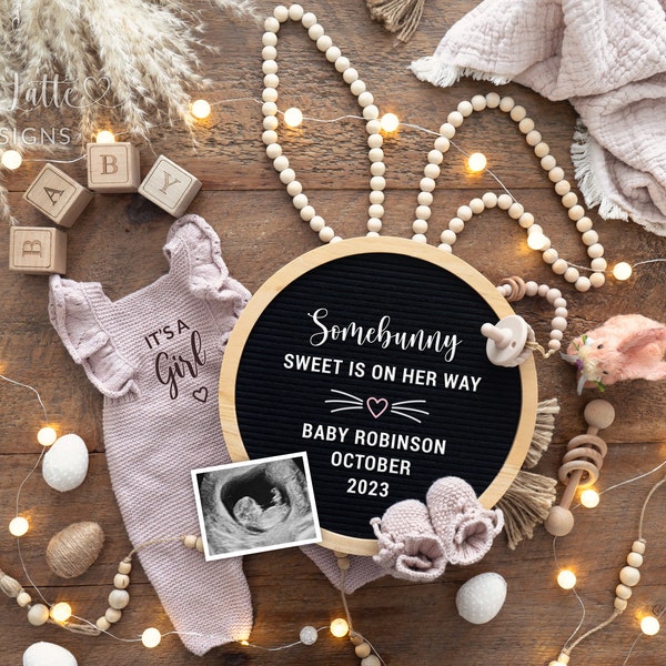 Easter Girl Baby Gender Reveal Social Media, Its a Girl Digital Boho Pregnancy Announcement, Somebunny Sweet On Her Way Letter Board Bunny