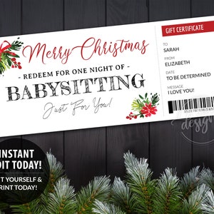 Certificado de regalo de niñera de Navidad, Plantilla editable imprimible de certificado de regalo, Cupón de regalo personalizado, Regalo de Navidad de último minuto