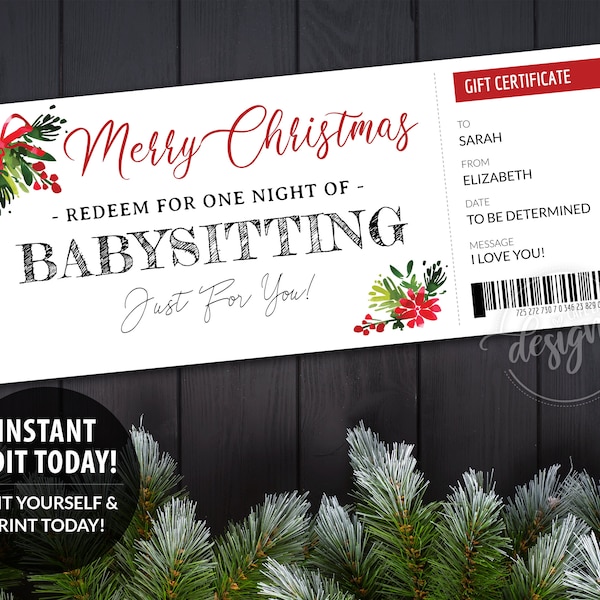 Christmas Babysitting Gift Certificate, Gift Certificate Printable Editable Template, Personalized Gift Coupon, Last Minute Christmas Gift