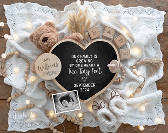 Digital Boho Pregnancy Announcement Social Media, Gender Neutral Baby Announcement, One Heart and Two Feet Letter Board, Little Bear