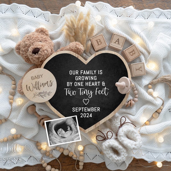 Digital Boho Pregnancy Announcement Social Media, Gender Neutral Baby Announcement, One Heart and Two Feet Letter Board, Little Bear