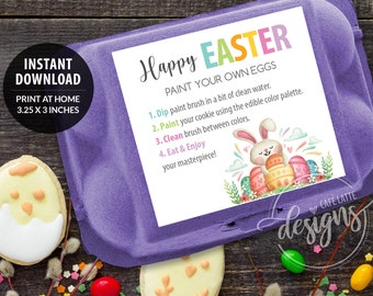 Paint Your Own Eggs Printable Labels, PYO Cookies Happy Easter 6 Pack Egg Carton Tags, Easter Cookie Instructions Template DIY, Instant File