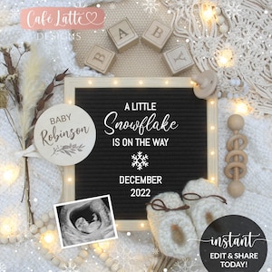 Anuncio de embarazo de pequeño copo de nieve editable en las redes sociales, tablero de cartas de bebé de Navidad de invierno digital, género neutro, nieve, Corjl DIY