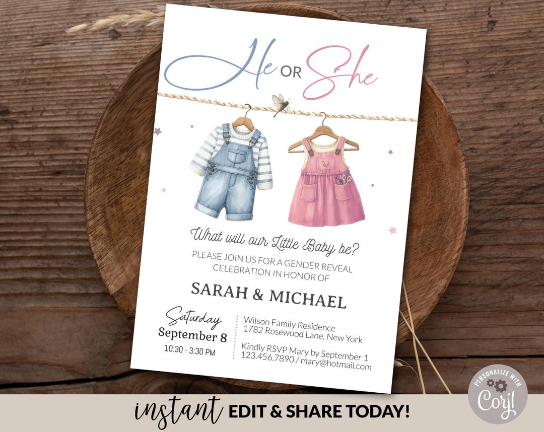 Gender Reveal Invitation Editable Template, He or She Vintage Baby ...