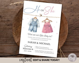 Gender Reveal Invitation Editable Template, He or She Vintage Baby Clothes E-Invitation Party, Digital Pink Blue Baby Clothesline Invite DIY