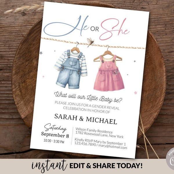 Gender Reveal Invitation Editable Template, He or She Vintage Baby Clothes E-Invitation Party, Digital Pink Blue Baby Clothesline Invite DIY