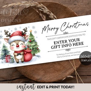 Chèque-cadeau de Noël imprimable, modèle modifiable de chèque-cadeau de Noël surprise, bon cadeau personnalisé renne bricolage