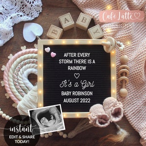 Editable Girl Valentine Rainbow Baby Pregnancy Announcement Social Media, Its a Girl, There Is A Rainbow Letter Board Digital Template, DIY