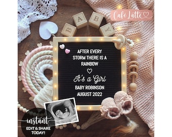 Editable Girl Valentine Rainbow Baby Pregnancy Announcement Social Media, Its a Girl, There Is A Rainbow Letter Board Digital Template, DIY