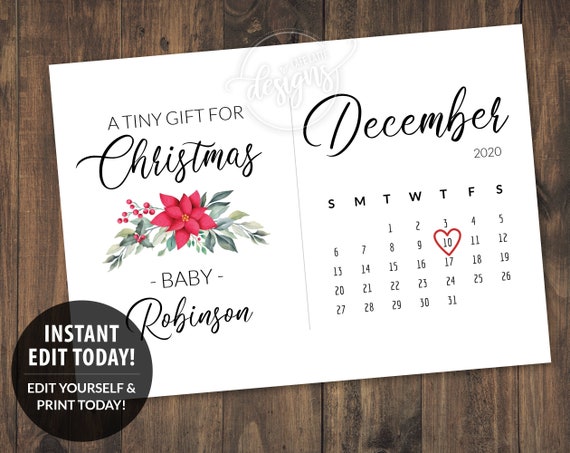 Pregnancy Announcement Printable December Due Date Calendar Card, Baby ...