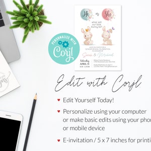 He or She Gender Reveal Invitation Editable Printable, Easter Bunny E-Invitation Party Invite, Boy or Girl Rabbit, Card Instant DIY, 5x7 image 3