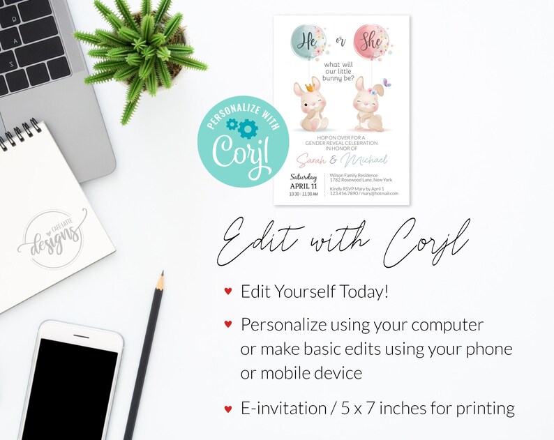 He or She Gender Reveal Invitation Editable Printable, Easter Bunny E-Invitation Party Invite, Boy or Girl Rabbit, Card Instant DIY, 5x7 image 3