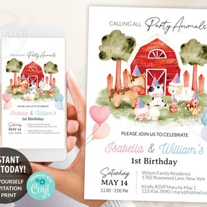 Farm Animals Twins Birthday invitation editable template, Printable girl boy birthday invitation, Personalized custom invite for twin girls boys first 1st birthday, Farm animals invitation card, Digital birthday invitation email text message, Birthday e invite, Birthday party invite, Horse cow sheep pig chicken farm animal invitation DIY, Cheap birthday party invitation, Instant download birthday invitation for twins DIY