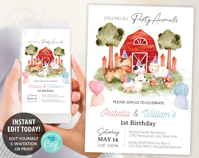 Farm Animals Twins Birthday invitation editable template, Printable girl boy birthday invitation, Personalized custom invite for twin girls boys first 1st birthday, Farm animals invitation card, Digital birthday invitation email text message, Birthday e invite, Birthday party invite, Horse cow sheep pig chicken farm animal invitation DIY, Cheap birthday party invitation, Instant download birthday invitation for twins DIY
