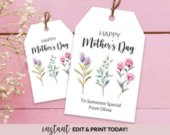 Mothers Day Gift Tags, Printable Editable Template Personalized Mothers Day Favor Tags with Pink Purple Flowers, Instant Download Labels Mom