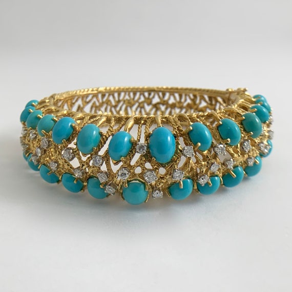 Vintage Cabochon Turquoise Diamond Bangle Bracele… - image 2