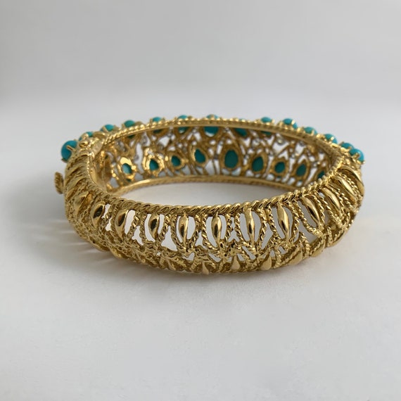 Vintage Cabochon Turquoise Diamond Bangle Bracele… - image 3