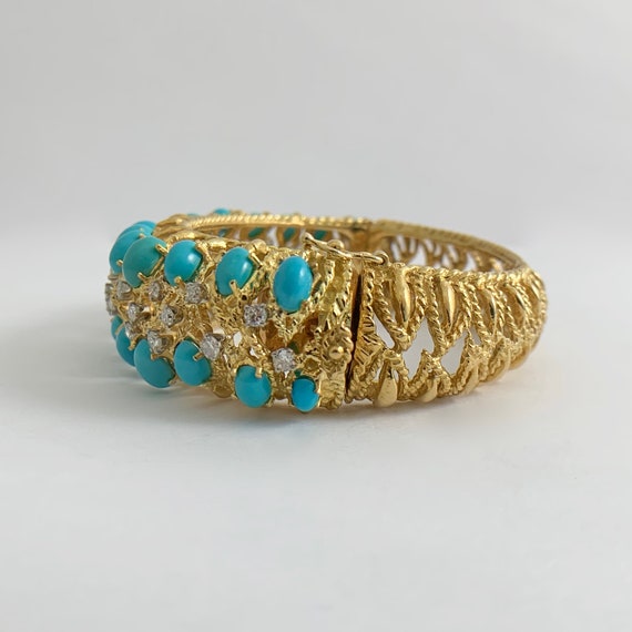 Vintage Cabochon Turquoise Diamond Bangle Bracele… - image 4