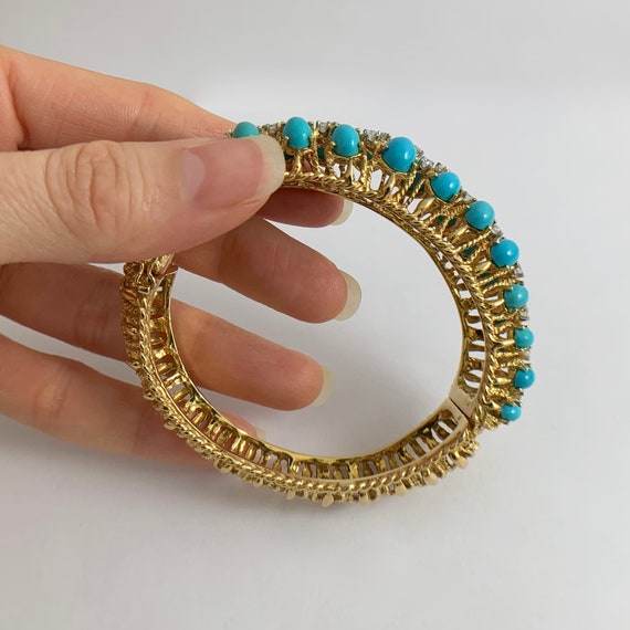 Vintage Cabochon Turquoise Diamond Bangle Bracele… - image 7