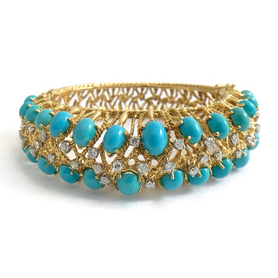 Vintage Cabochon Turquoise Diamond Bangle Bracele… - image 1