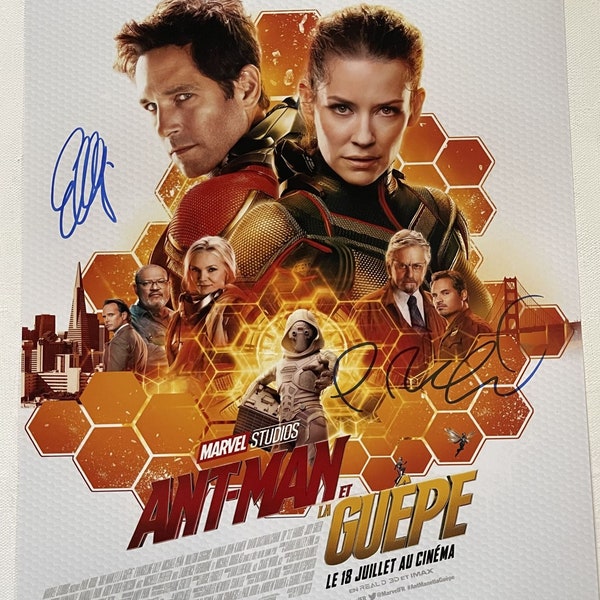Foto brillante de 11 x 14 "Ant-Man" autografiada por Paul Rudd y Evangeline Lilly - COA de por vida
