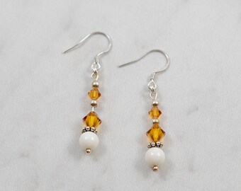 Swarovski Sterling Silver White Coral and Peach Earrings; Crystal Earrings; Orange Earrings; J175