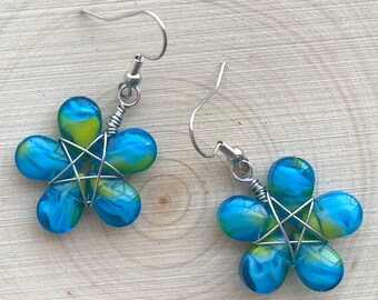 Star Flower Blue and Yellow Earrings; Wire Wrapped Earrings; J280
