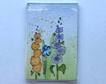 Hollyhocks and Iris Refrigerator Magnet, Original Watercolor Painting Flowers, RM193