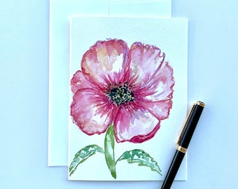 Vibrant Red Poppy Original Watercolor Painting; Hand Painted; Blank Greeting Card; WP343