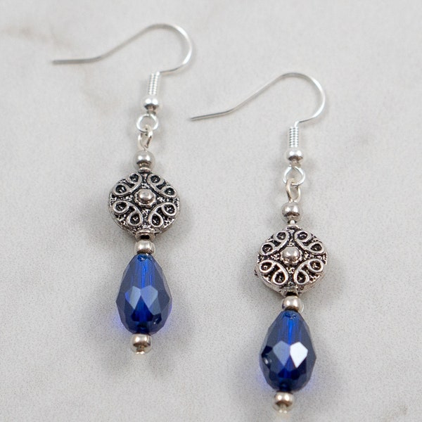 Midnight Blue Teardrop Earrings with Fancy Silver Focal Bead; Edwardian Earrings, Victorian Jewelry; Navy Blue Earrings; J195