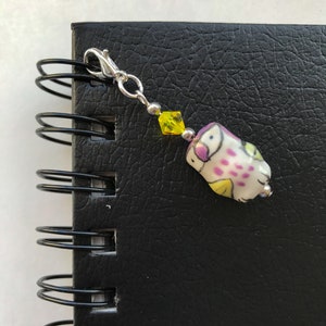Purple owl keychain handbag charms, ceramic bird purse dangle, key chain clip, journal charm, zipper pull, scissor fob, ZP179