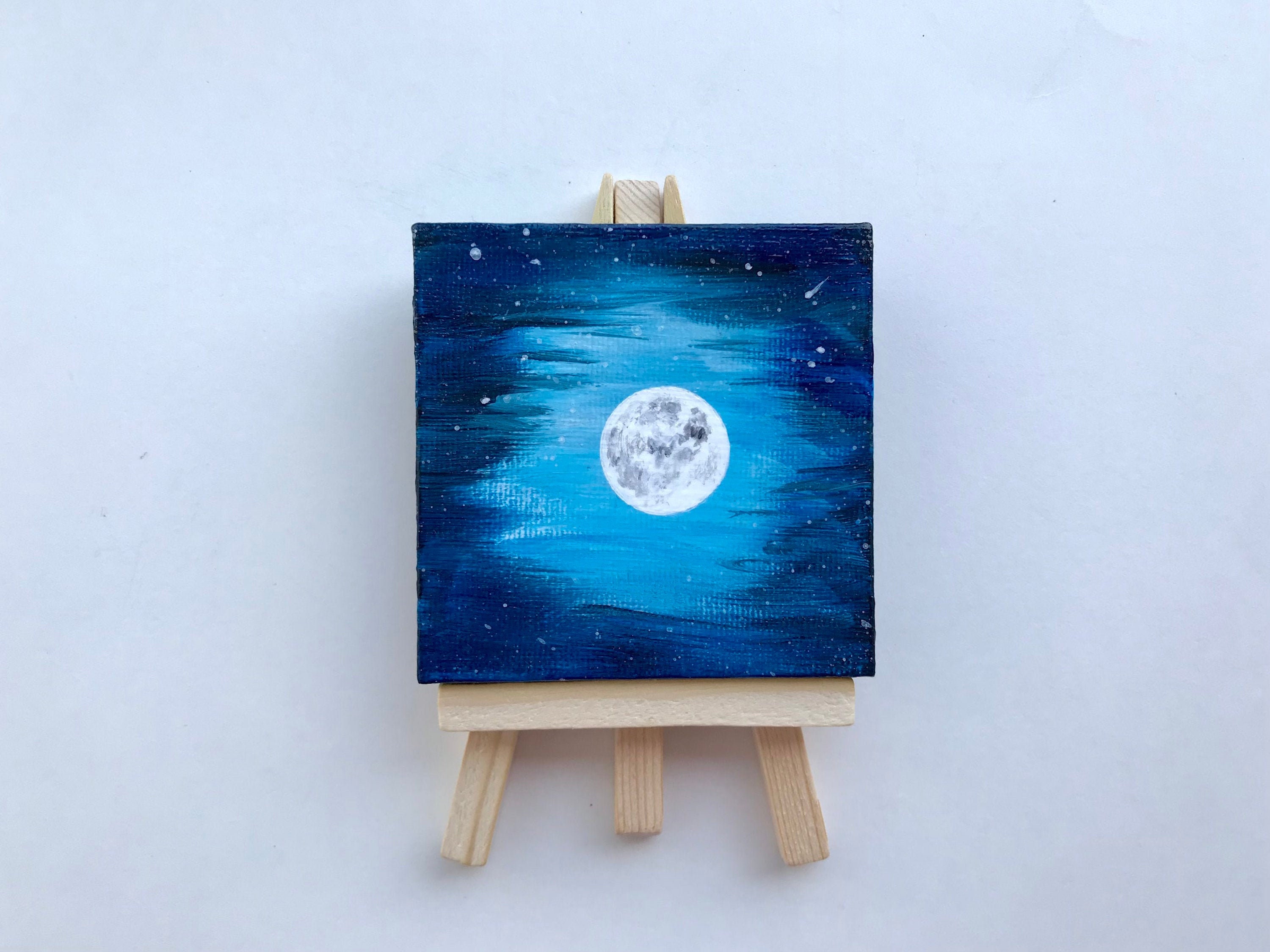 Small 4x4 Original Painting on Canvas, Art for Small Spaces, Acrylic  Painting, Whimsical Landscape, Moon and Stars Painting 