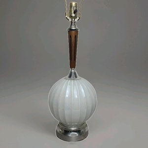MCM Tall Table Lamp Walnut Wood Iridescent Glass Globe Night Light Vintage Works