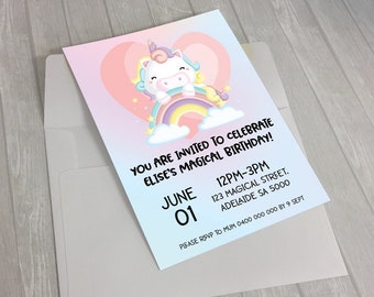 Unicorn Love Heart Birthday Invitation, Digital File, Printable