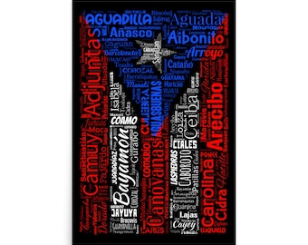 Puerto Rico Flag Towns and Cities Boricua Borinquen Boriken Taino WordCloud Wall Art Poster