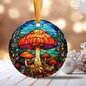 Mushroom Stained Glass Ceramic Ornament | Handmade Keepsake Christmas Ornament