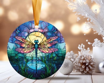 Dragonfly Stained Glass Ceramic Ornament | Handmade Keepsake Christmas Ornament