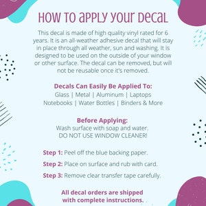 Peut inclure: Graphique rose et bleu avec des instructions sur la fa&ccedil;on d'appliquer un autocollant. Le texte indique "HOW TO APPLY your DECAL". Le texte comprend &eacute;galement des informations sur le mat&eacute;riau, la durabilit&eacute; et les instructions d'application de l'autocollant.