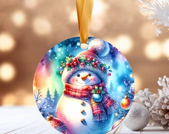 Ornement en céramique de bonhomme de neige d'aurores boréales | Décoration de Noël souvenir fait main