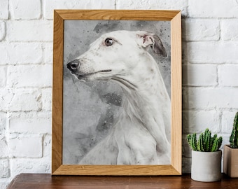 May include: A framed art print featuring a white dog with a watercolor effect. The dog is in profile, with a light brown wooden frame. The artwork is displayed on a wooden surface, with a white brick wall in the background.