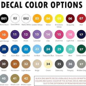 Peut inclure: Un tableau pr&eacute;sentant 42 options de couleurs pour les d&eacute;calcomanies. Les couleurs sont dispos&eacute;es en lignes et en colonnes, chaque couleur &eacute;tant repr&eacute;sent&eacute;e par un cercle. Les couleurs comprennent le noir, le blanc, le rouge, le bleu, le vert, le jaune, l'orange, le violet, le marron et le gris. Le texte "DECAL COLOR OPTIONS" est en haut du tableau. Le texte "BLACK AND WHITE DECALS AVAILABLE IN GLOSS OR MATTE. ALL OTHER COLORS ARE GLOSS. COLOR OF THE ACTUAL DECAL MAY VARY SLIGHTLY DUE TO THE DIFFERENCE OF MONITOR RESOLUTIONS." est en bas du tableau.