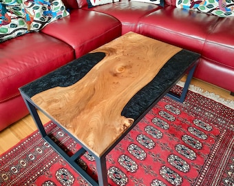 Epoxy Resin Coffee Table | Hardwood Elm Side table | Handmade Charcoal Black River Table | Unique Housewarming Gift