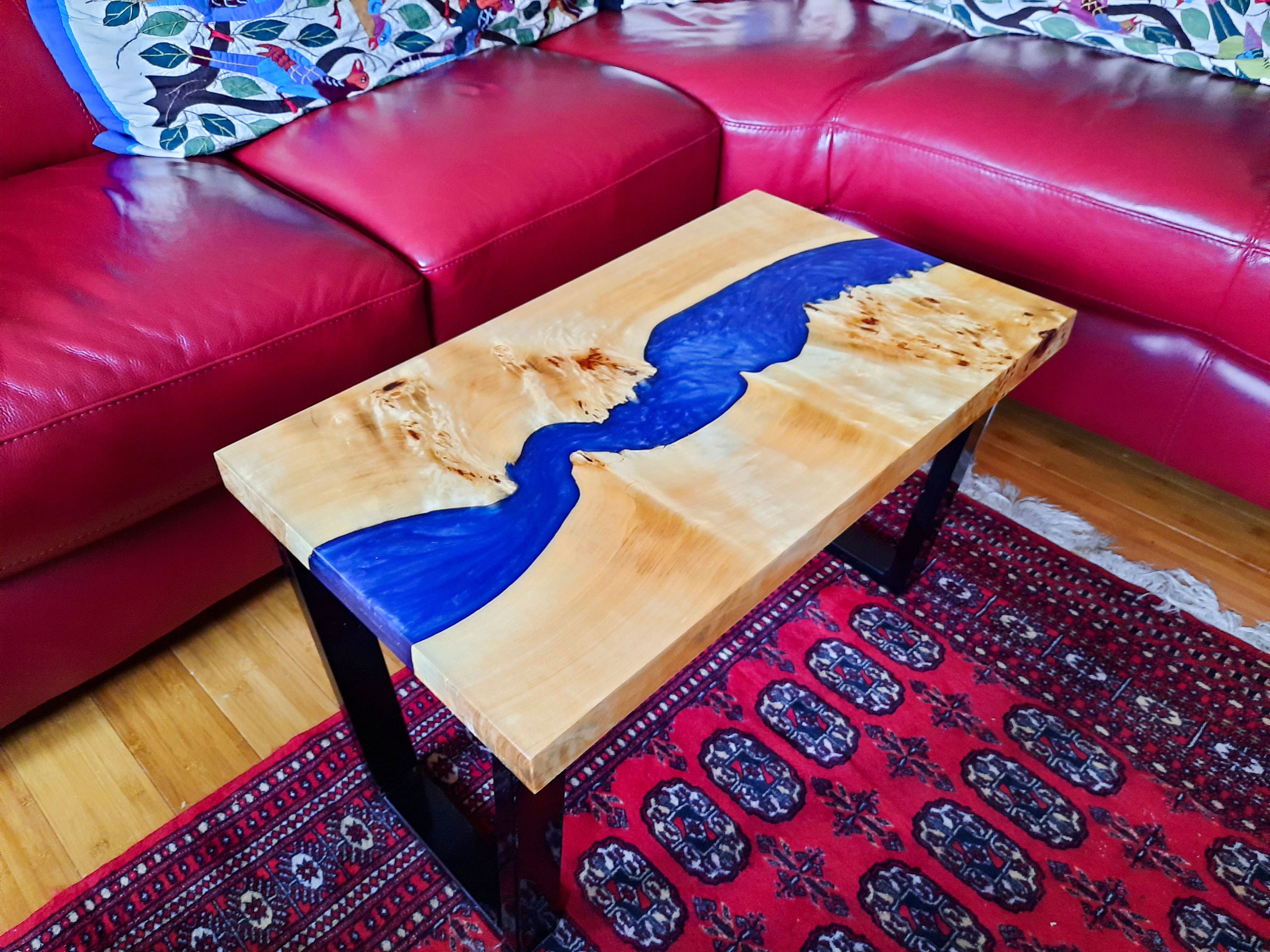 Blue Epoxy Resin River Table Handmade Hardwood Coffee Table Made With