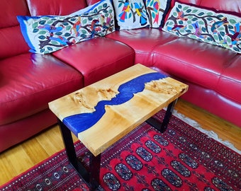 Blue epoxy resin river table - Handmade hardwood coffee table made with Poplar and metallic blue epoxy resin - UK