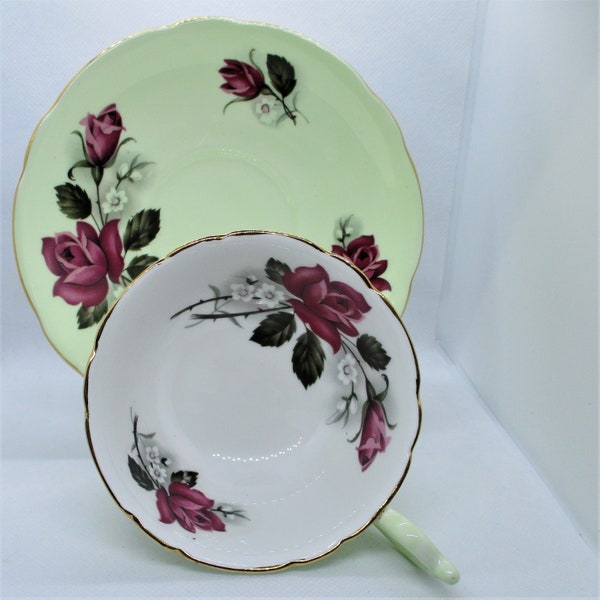 Vintage EB Foley Green Teacup and Saucer with the Roses Pattern. Bone China. England. Mint condition